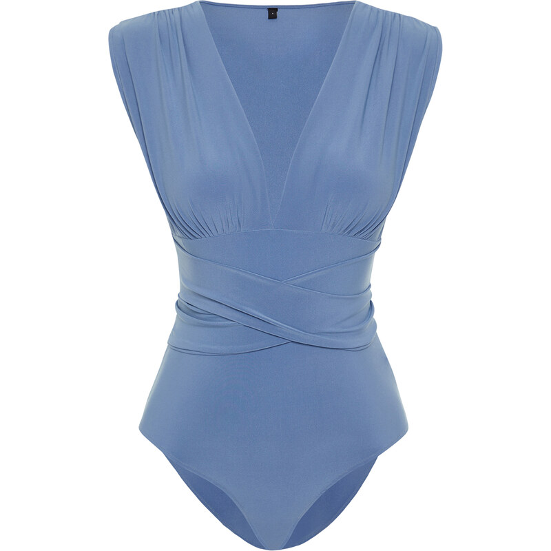 Trendyol Blue Tie Detail V Neck Fitted/Sleeping Elastic Knitted Bodysuit