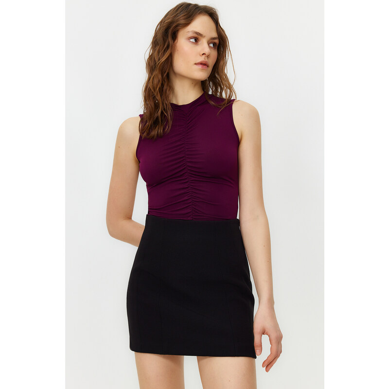 Trendyol Plum Knitted Bodysuit with Pleated Detail and Flexible Snap Fasteners