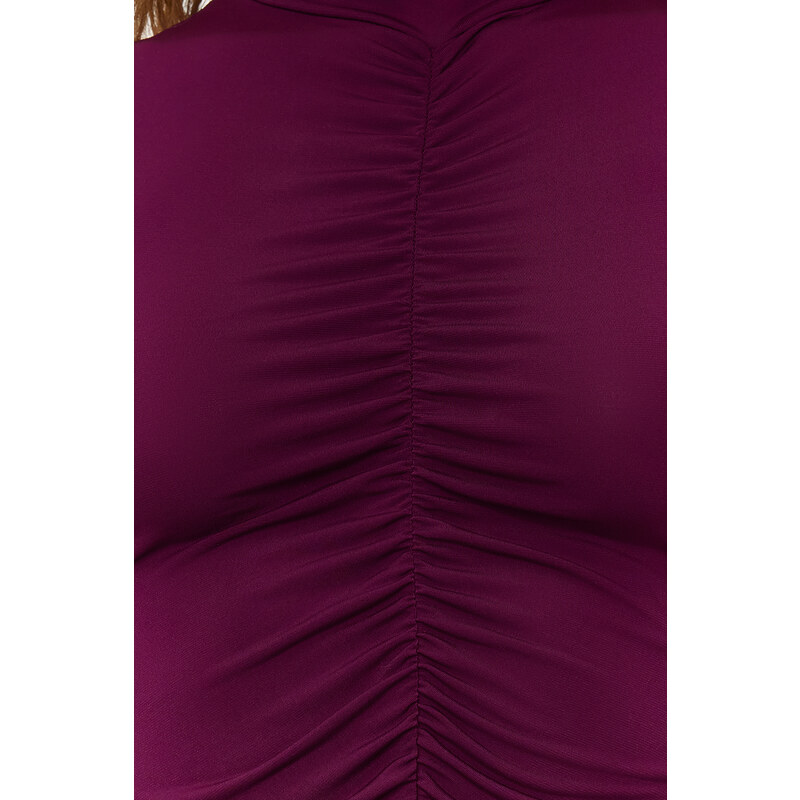 Trendyol Plum Knitted Bodysuit with Pleated Detail and Flexible Snap Fasteners