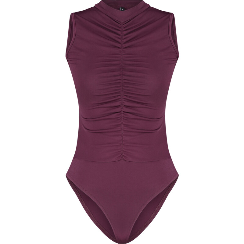 Trendyol Plum Knitted Bodysuit with Pleated Detail and Flexible Snap Fasteners