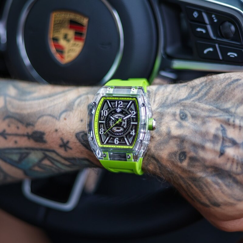 Ralph Christian Watches Stříbrné pánské hodinky Ralph Christian s gumovým páskem The Ghost - Acid Green Automatic 43MM