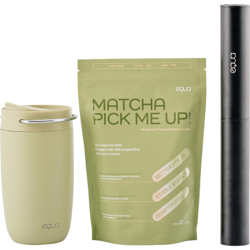 EQUA DUO Sada 3 EQUA produktů Matcha Pick Me Up + Cup Matcha 300 ml ekologický termohrnek na pití + dobíjecí napěňovač