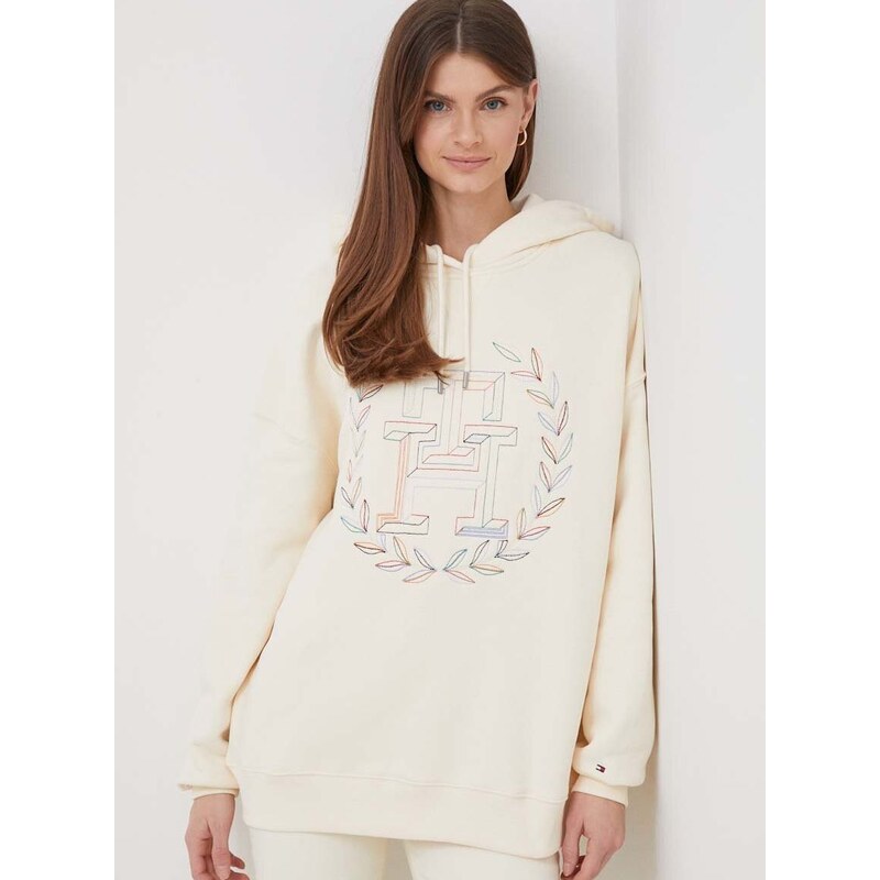 Bavlněná mikina Tommy Hilfiger dámská, béžová barva, s kapucí, s aplikací