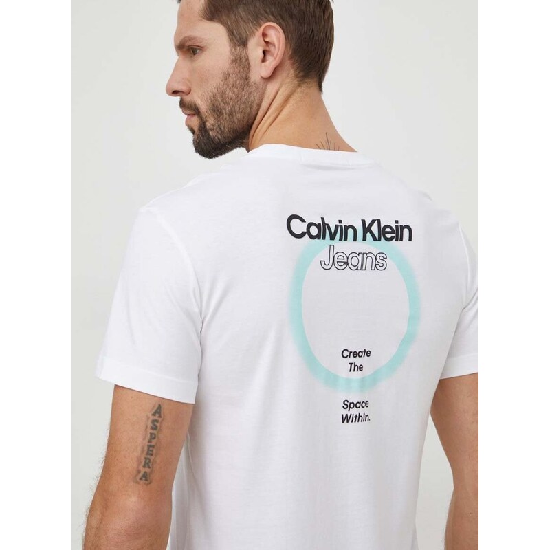 Bavlněné tričko Calvin Klein Jeans bílá barva, s potiskem