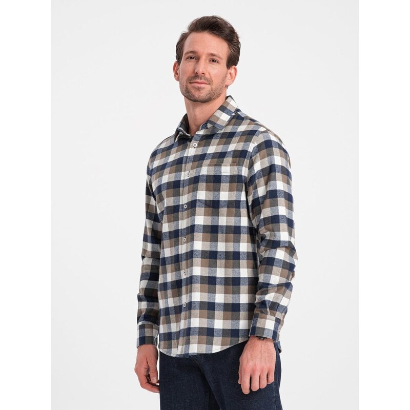 Ombre Clothing Trendy flanelová károvaná hnědo granátová košile V1 SHCS-0157
