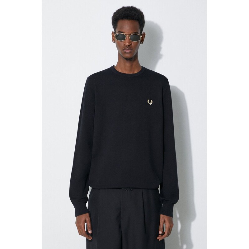 Vlněný svetr Fred Perry Classic Crew Neck Jumper pánský, černá barva, lehký, K9601.198