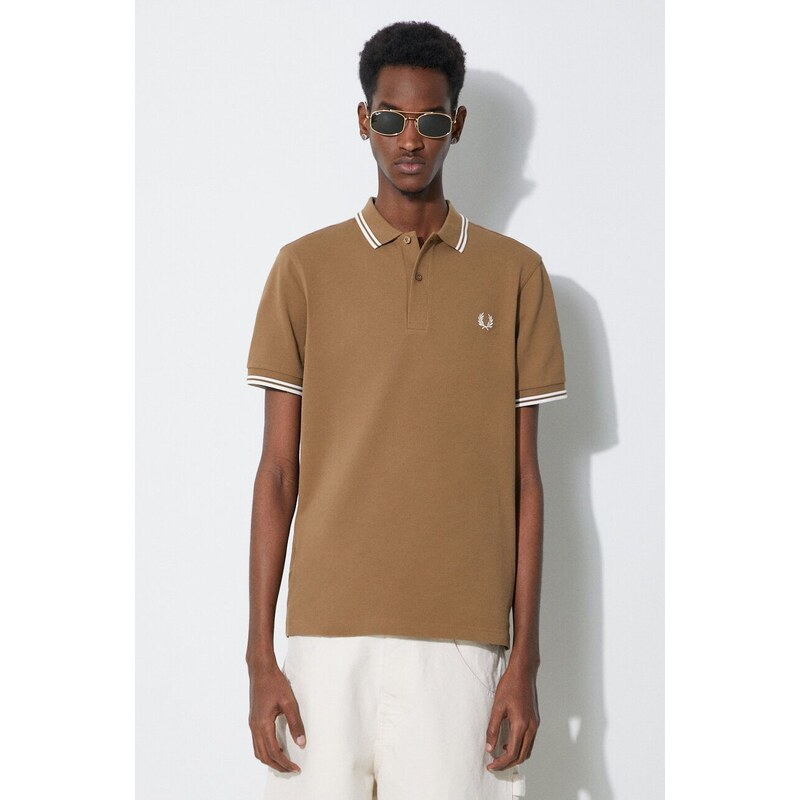 Bavlněné polo tričko Fred Perry Twin Tipped Shirt hnědá barva, s aplikací, M3600.U90