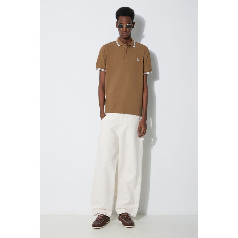 Bavlněné polo tričko Fred Perry Twin Tipped Shirt hnědá barva, s aplikací, M3600.U90