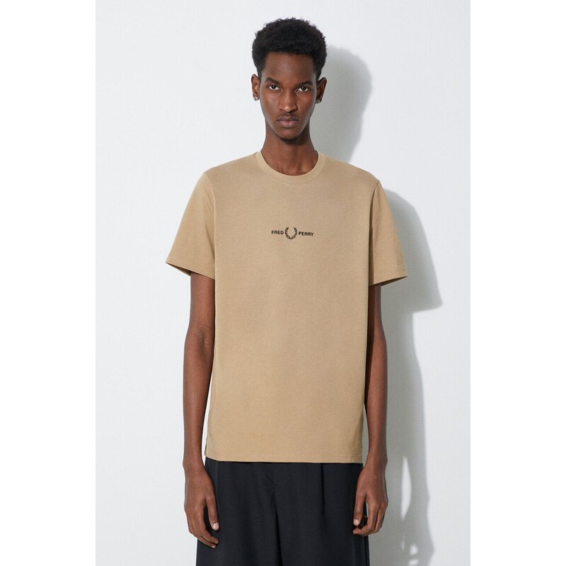 Bavlněné tričko Fred Perry Embroidered T-Shirt béžová barva, s aplikací, M4580.363