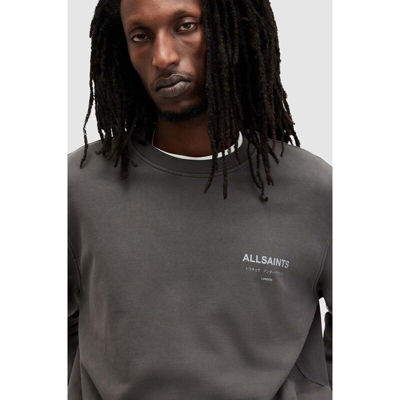 Bavlněné tričko s dlouhým rukávem AllSaints šedá barva, s potiskem