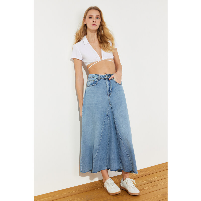 Trendyol Blue Flounce Stitch Detail High Waist Maxi Denim Skirt