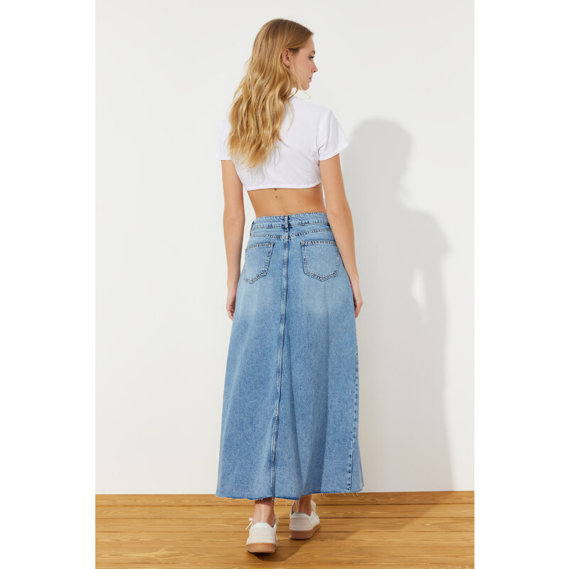 Trendyol Blue Flounce Stitch Detail High Waist Maxi Denim Skirt