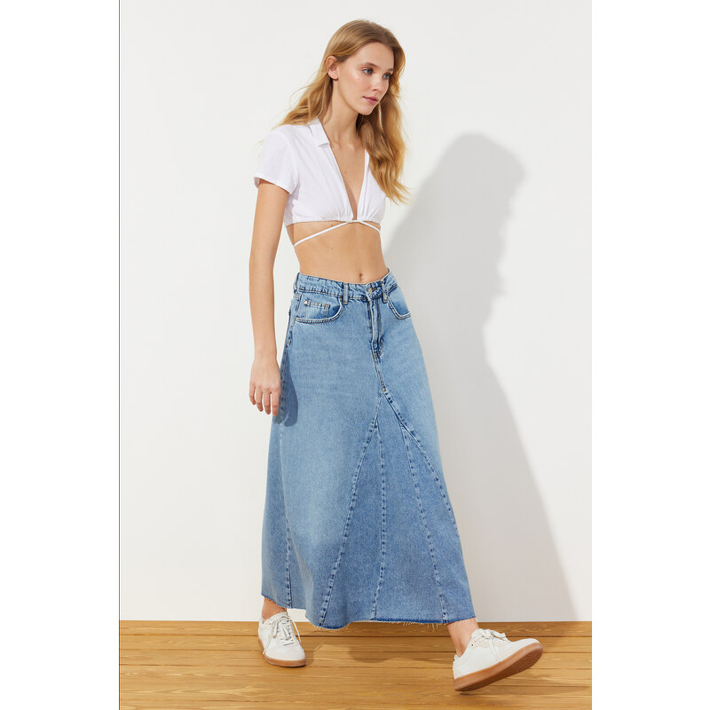 Trendyol Blue Flounce Stitch Detail High Waist Maxi Denim Skirt