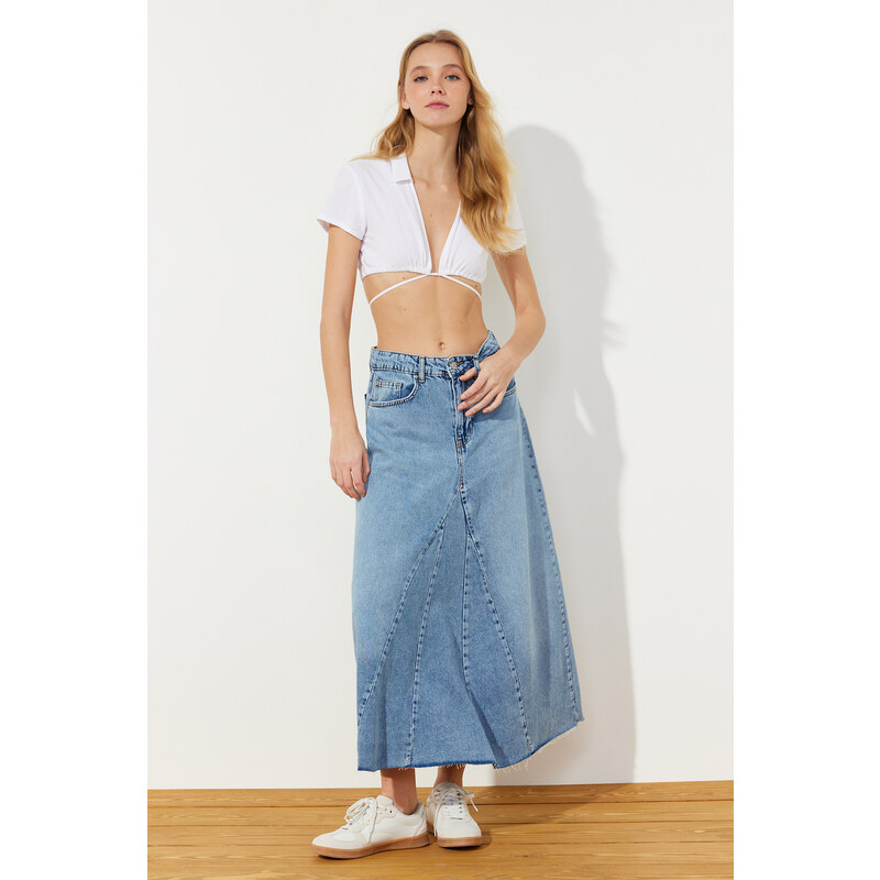 Trendyol Blue Flounce Stitch Detail High Waist Maxi Denim Skirt