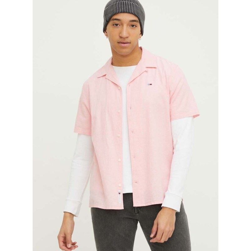 Košile s příměsí lnu Tommy Jeans růžová barva, regular