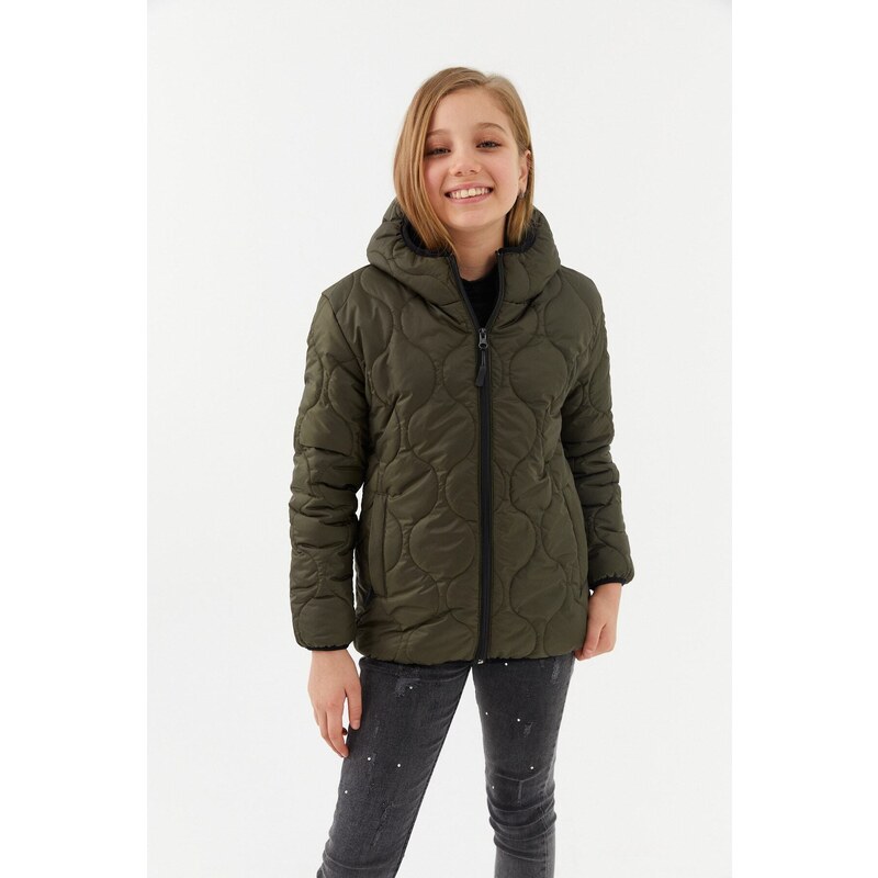 River Club Girl's Onion Pattern Water and Windproof Fiber Khaki Hooded Coat