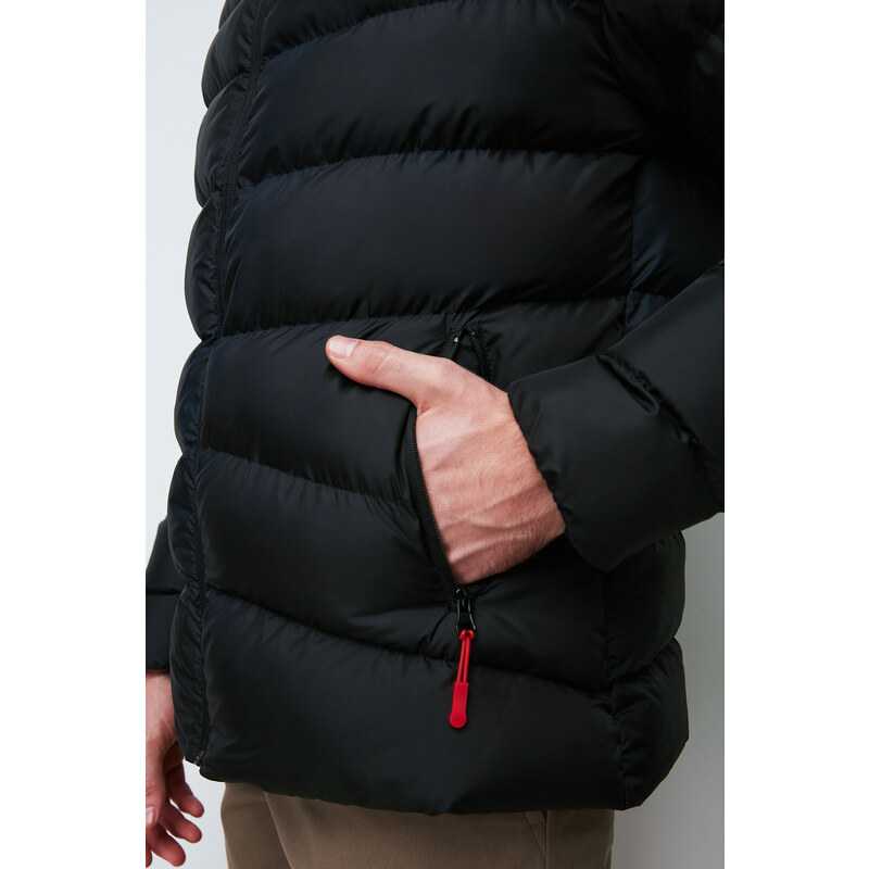 River Club Pánský černý vláknitý kapucí s kapucí a větruodolný péřový zimní kabát