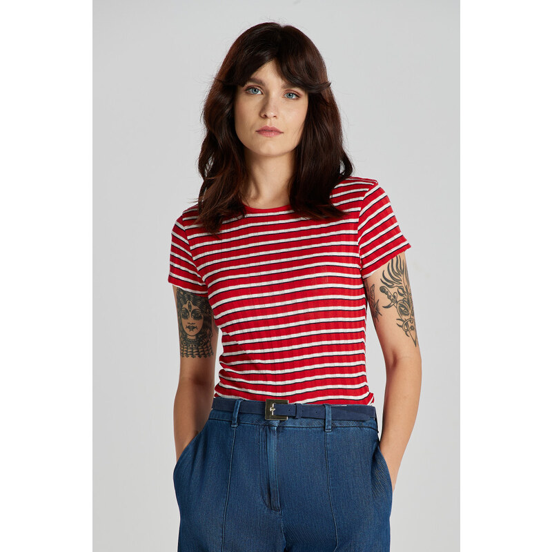 TRIČKO GANT STRIPED RIBBED SS T-SHIRT BRIGHT RED