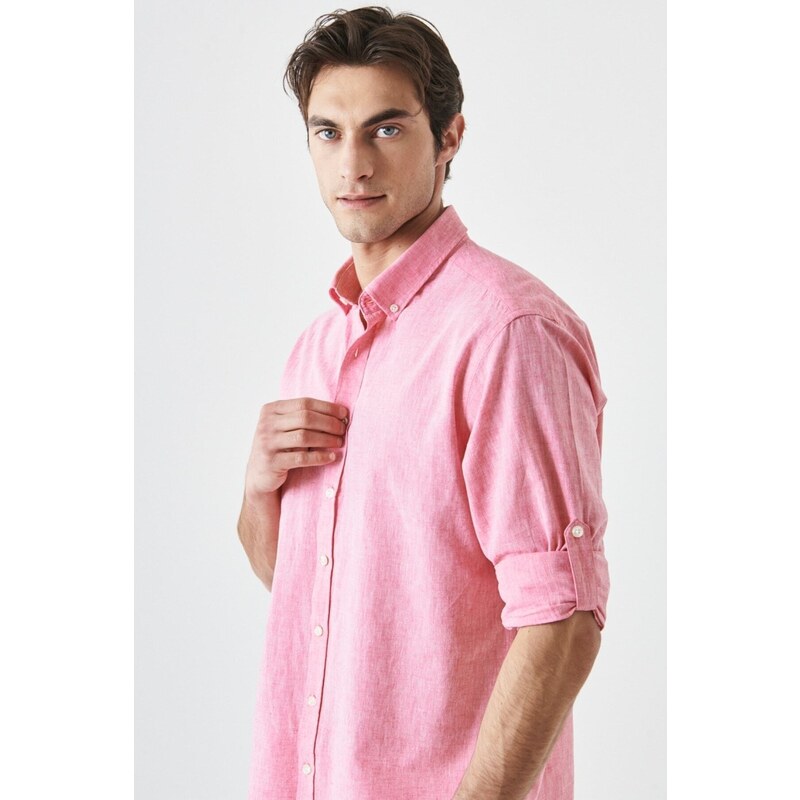 AC&Co / Altınyıldız Classics Men's Fuchsia Comfort Fit Relaxed-Cut Buttoned Collar Casual Linen Shirt.