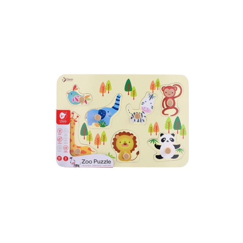 Teddies Vkládačka/Puzzle deskové obrysové zoo dřevo 30x21cm ve fólii 18m+