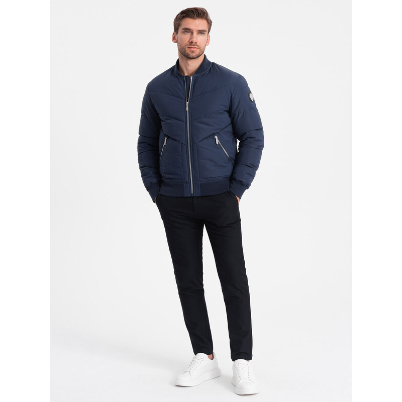 Ombre Men's quilted bomber jacket with metal zippers - navy blue