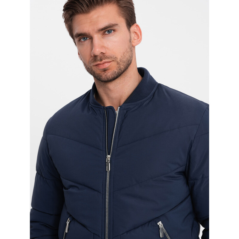 Ombre Men's quilted bomber jacket with metal zippers - navy blue