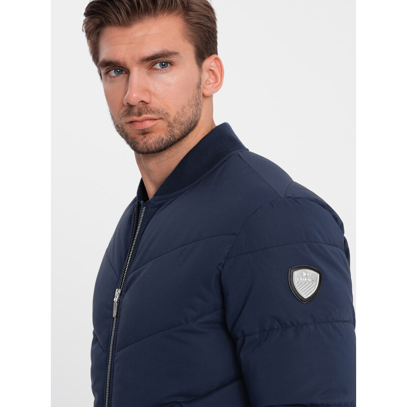 Ombre Men's quilted bomber jacket with metal zippers - navy blue