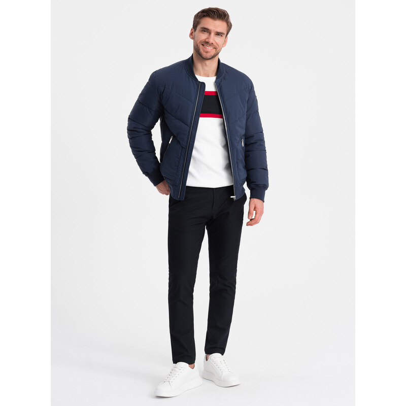 Ombre Men's quilted bomber jacket with metal zippers - navy blue