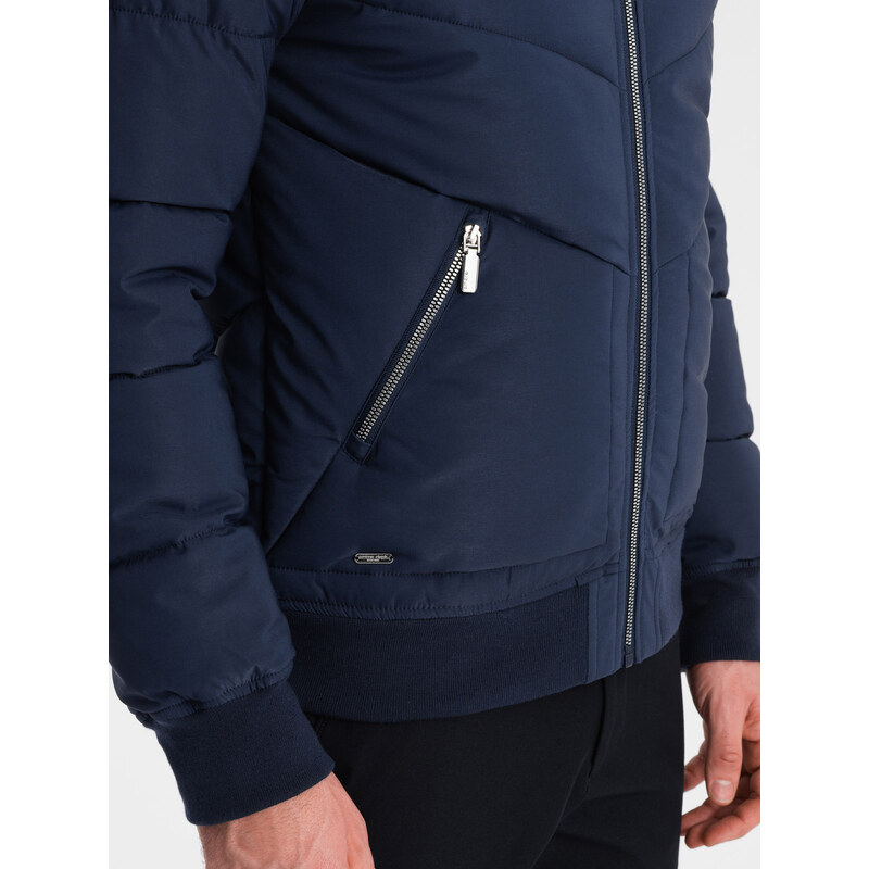 Ombre Men's quilted bomber jacket with metal zippers - navy blue