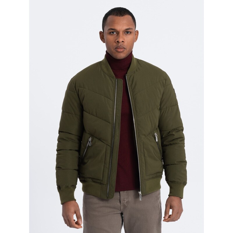 Ombre Men's quilted bomber jacket with metal zippers - dark olive green