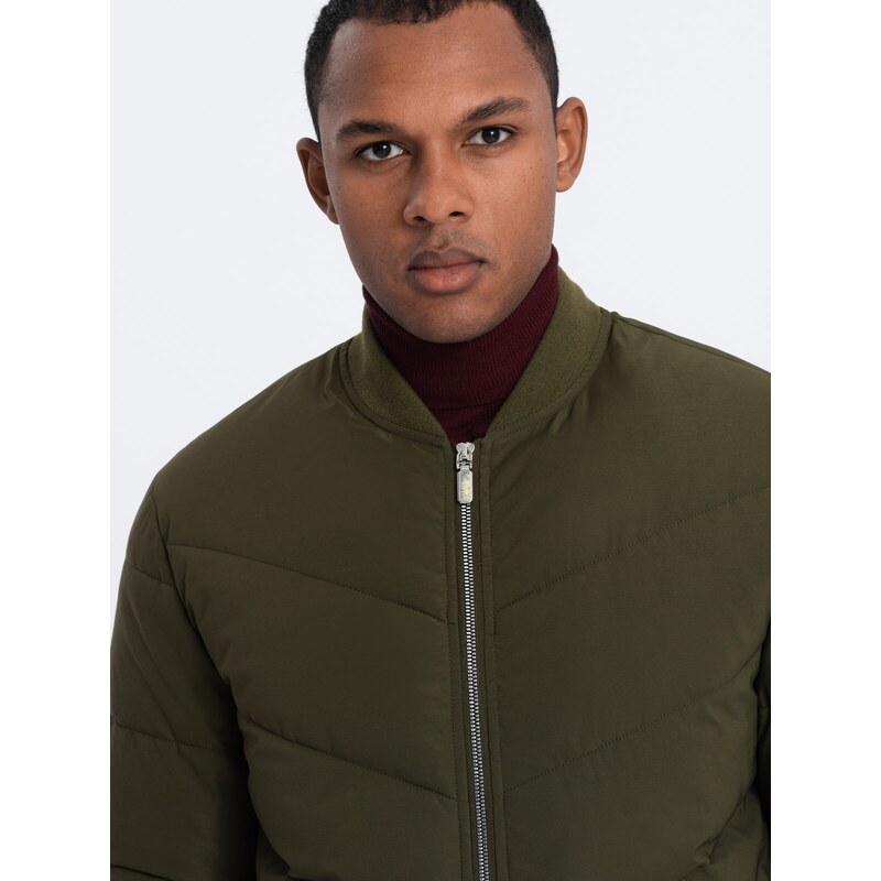 Ombre Men's quilted bomber jacket with metal zippers - dark olive green