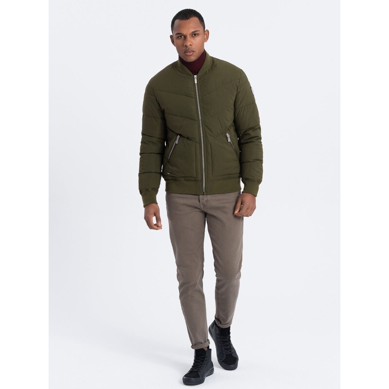 Ombre Men's quilted bomber jacket with metal zippers - dark olive green