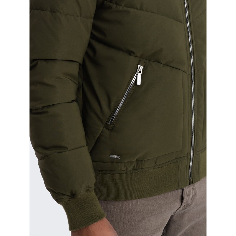 Ombre Men's quilted bomber jacket with metal zippers - dark olive green