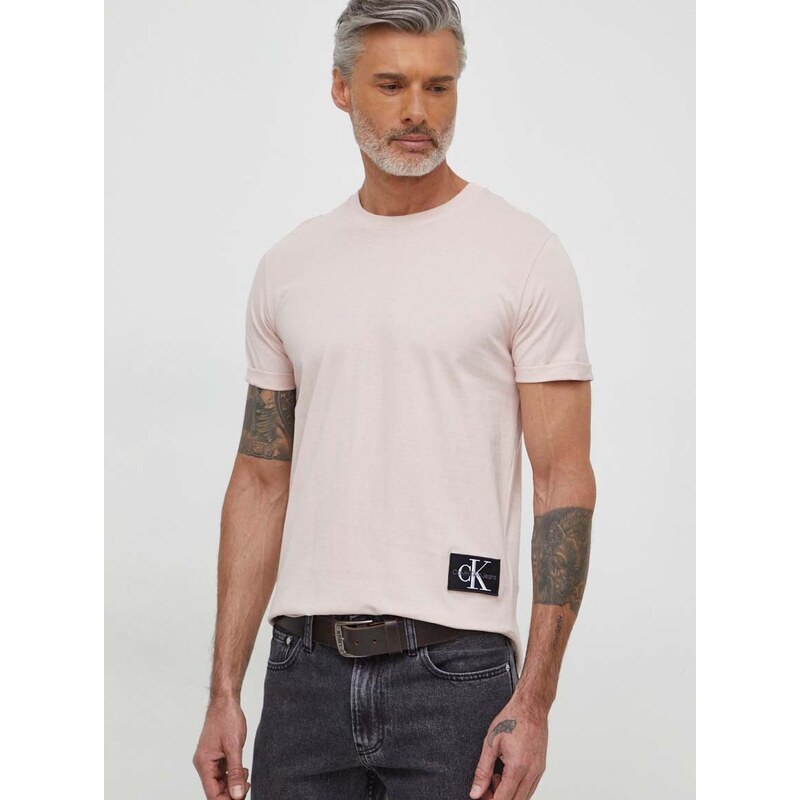 Bavlněné tričko Calvin Klein Jeans hnědá barva, s aplikací