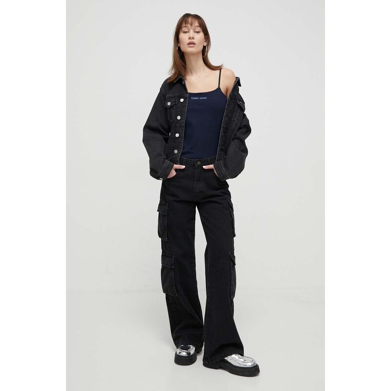 Džínová bunda Tommy Jeans dámská, černá barva, přechodná, oversize