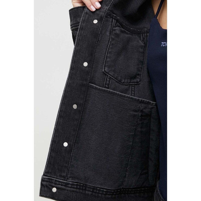 Džínová bunda Tommy Jeans dámská, černá barva, přechodná, oversize