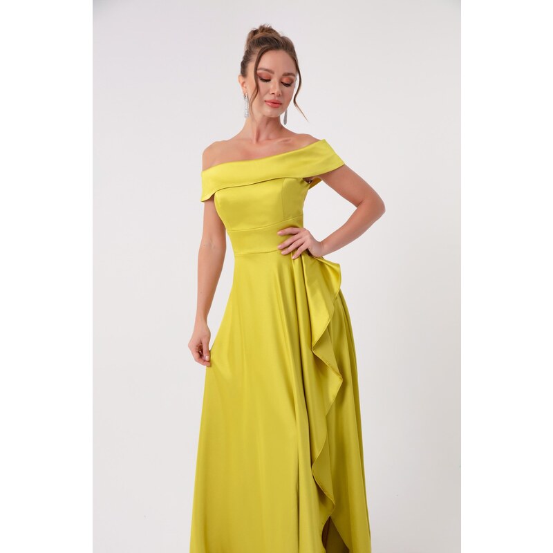 Lafaba Women's Oil Green Boat Neck Satin Evening Dress & Prom Dress