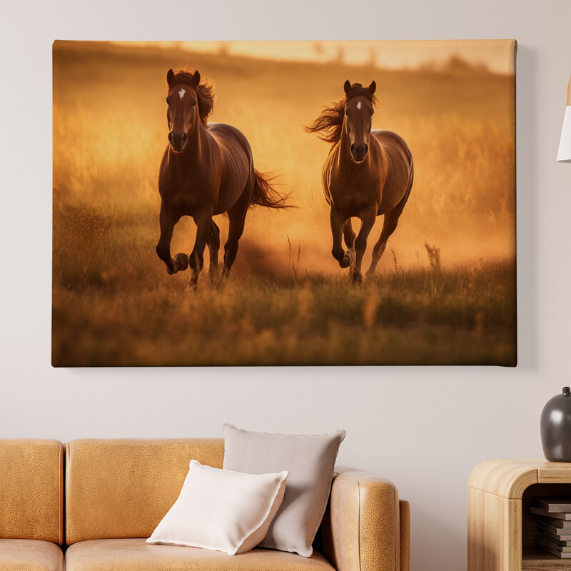 Obraz na plátně - Dva hnědí koně se prohánějí krajinou FeelHappy.cz