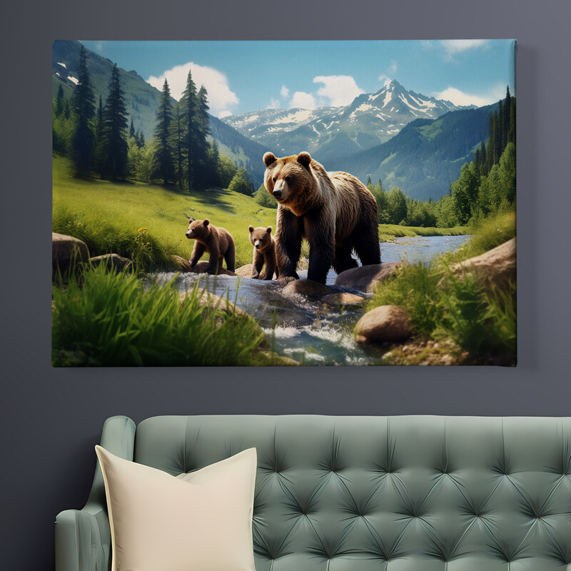 Obraz na plátně - Medvědí rodina se cachtá v potoce v údolí FeelHappy.cz
