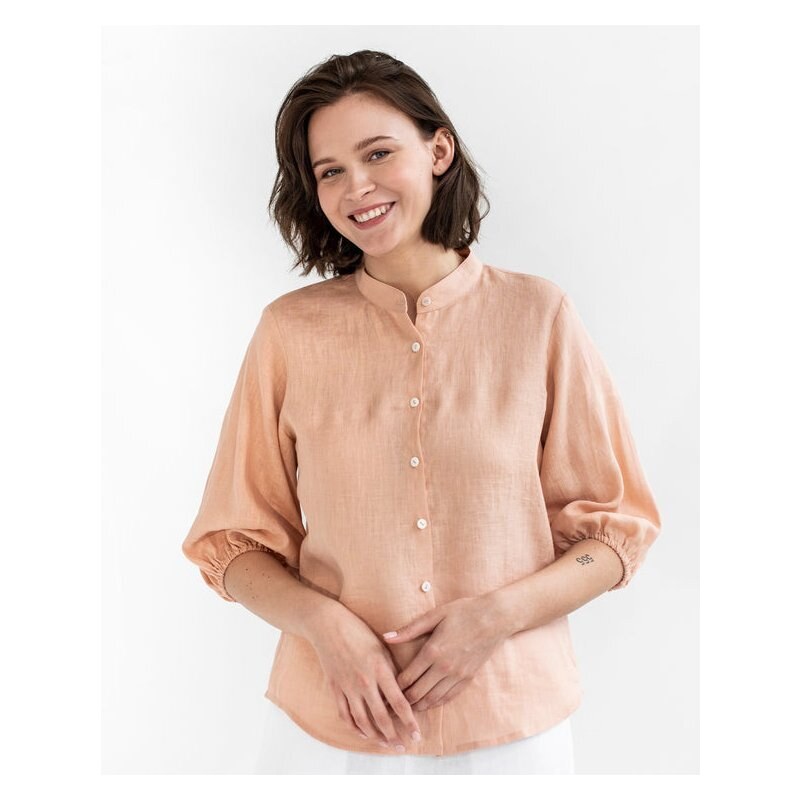 Magic Linen Lněná košile s nabíraným rukávem ALAMINOS v barvě broskev 89459119