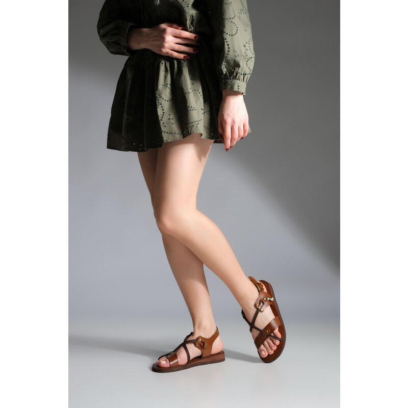 Marjin Women's Genuine Leather Accessories, Eva Sole, Criss-Cross Thread Detail Daily Sandals, Multilayered Tan.