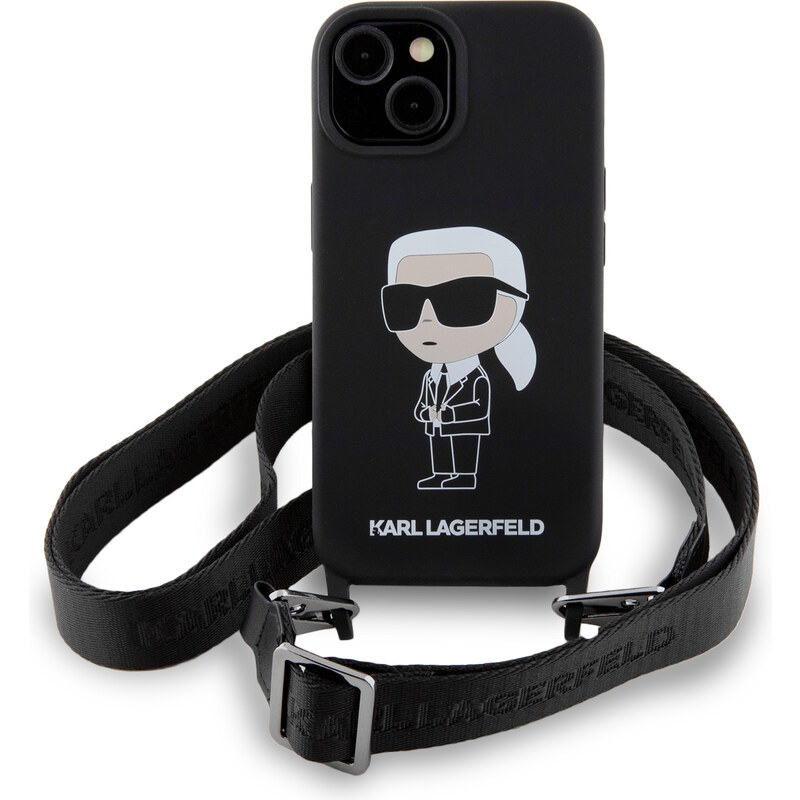 Ochranný kryt na iPhone 15 - Karl Lagerfeld, Liquid Silicone Crossbody Ikonik Black