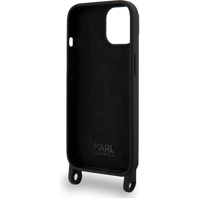 Ochranný kryt na iPhone 15 - Karl Lagerfeld, Liquid Silicone Crossbody Ikonik Black