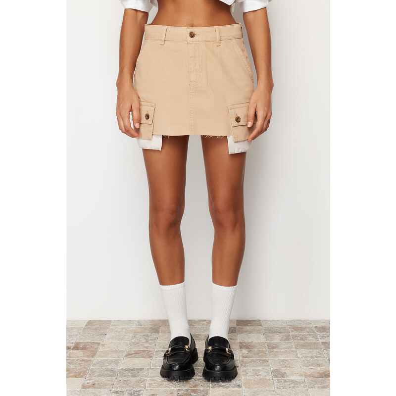 Trendyol Beige Cargo Pocket Low Waist Mini Denim Skirt