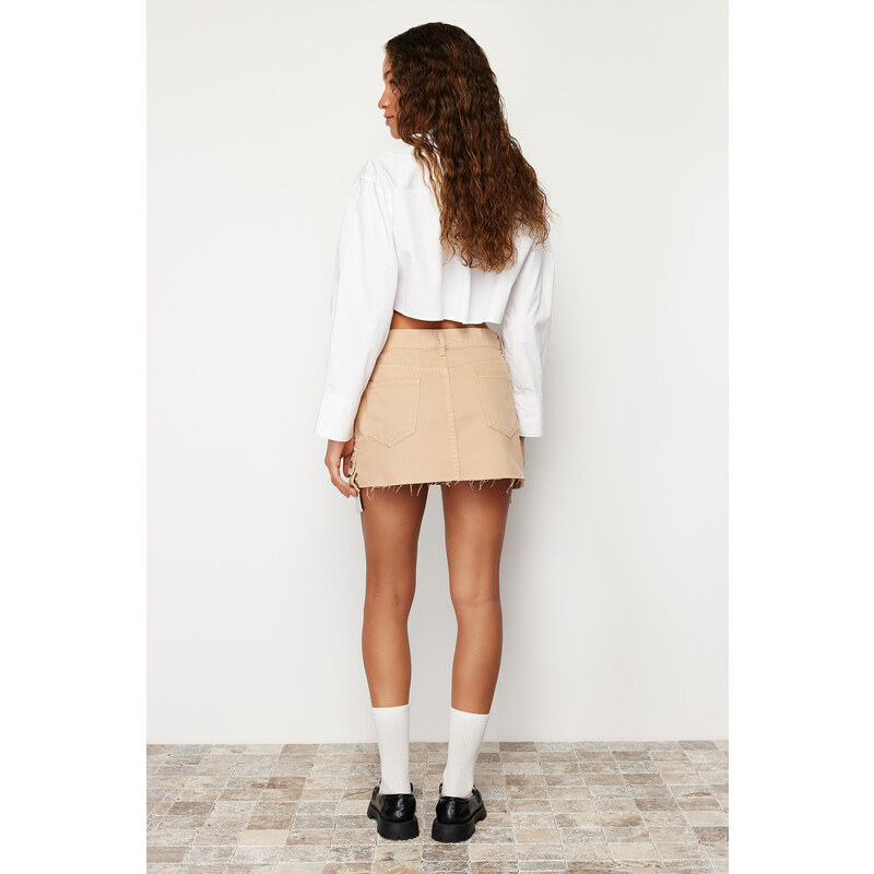 Trendyol Beige Cargo Pocket Low Waist Mini Denim Skirt