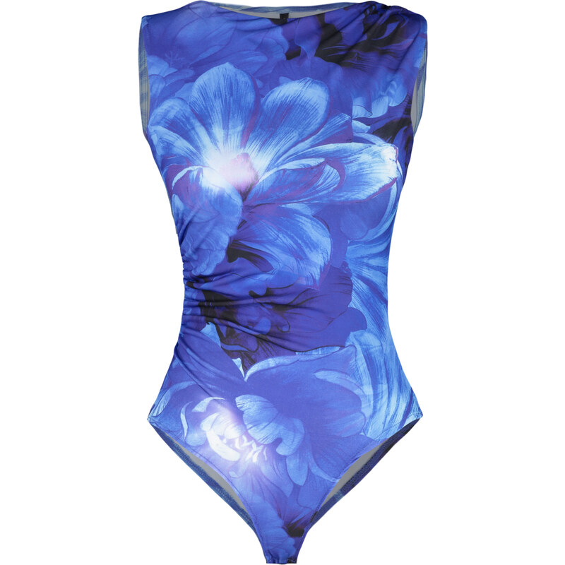 Trendyol Blue Floral Pattern Gathered Detailed Boat Neck Flexible Snaps Knitted Body