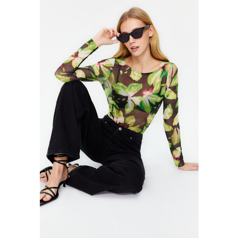 Trendyol Green Printed Tulle Snap-On Transparent Knitted Bodysuit