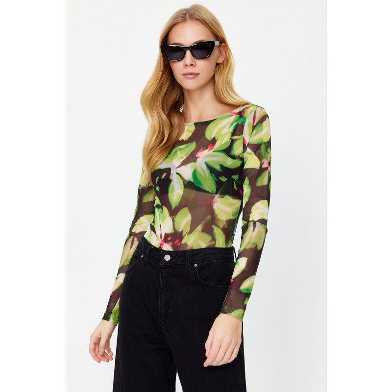 Trendyol Green Printed Tulle Snap-On Transparent Knitted Bodysuit