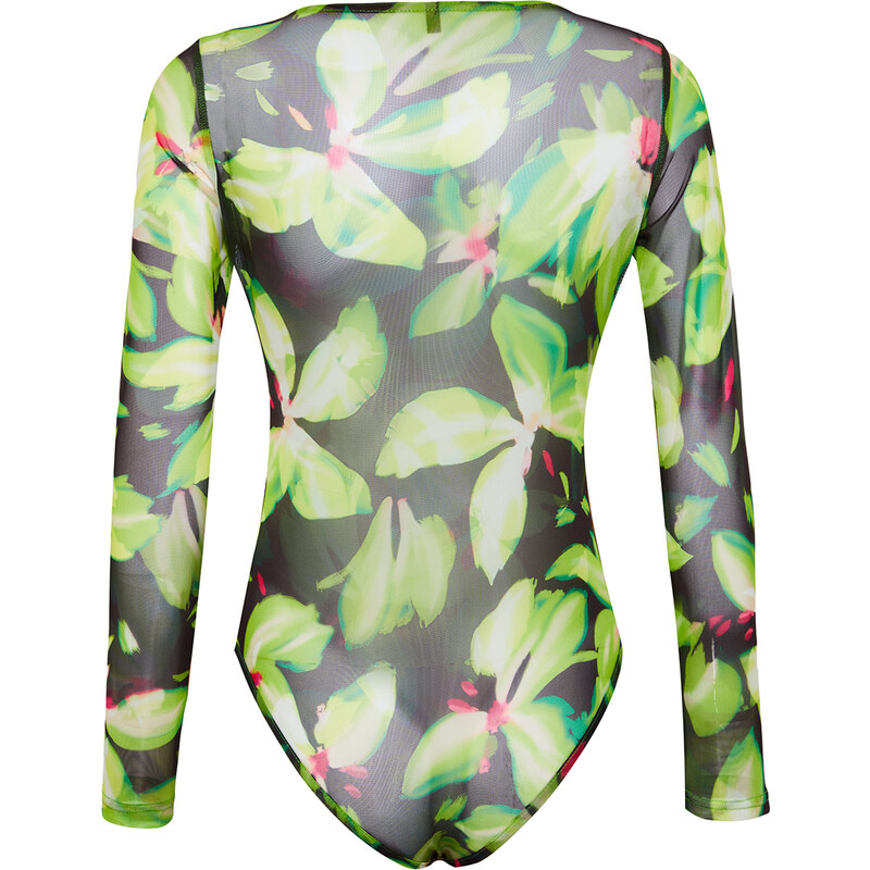 Trendyol Green Printed Tulle Snap-On Transparent Knitted Bodysuit