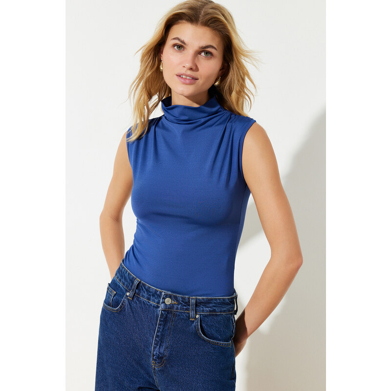 Trendyol Dark Indigo Turtleneck Sleeveless Stretch Snap Knitted Body